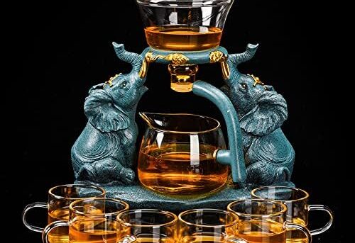 RORA Lazy Kungfu Glass Tea Set Semi Automatic Drip Rotating with Infuser Glass Teapot Set (Elephant Tea Set+6 cups)