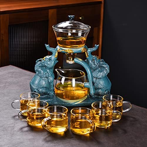 RORA Lazy Kungfu Glass Tea Set Semi Automatic Drip Rotating with Infuser Glass Teapot Set (Elephant Tea Set+6 cups) - Image 2