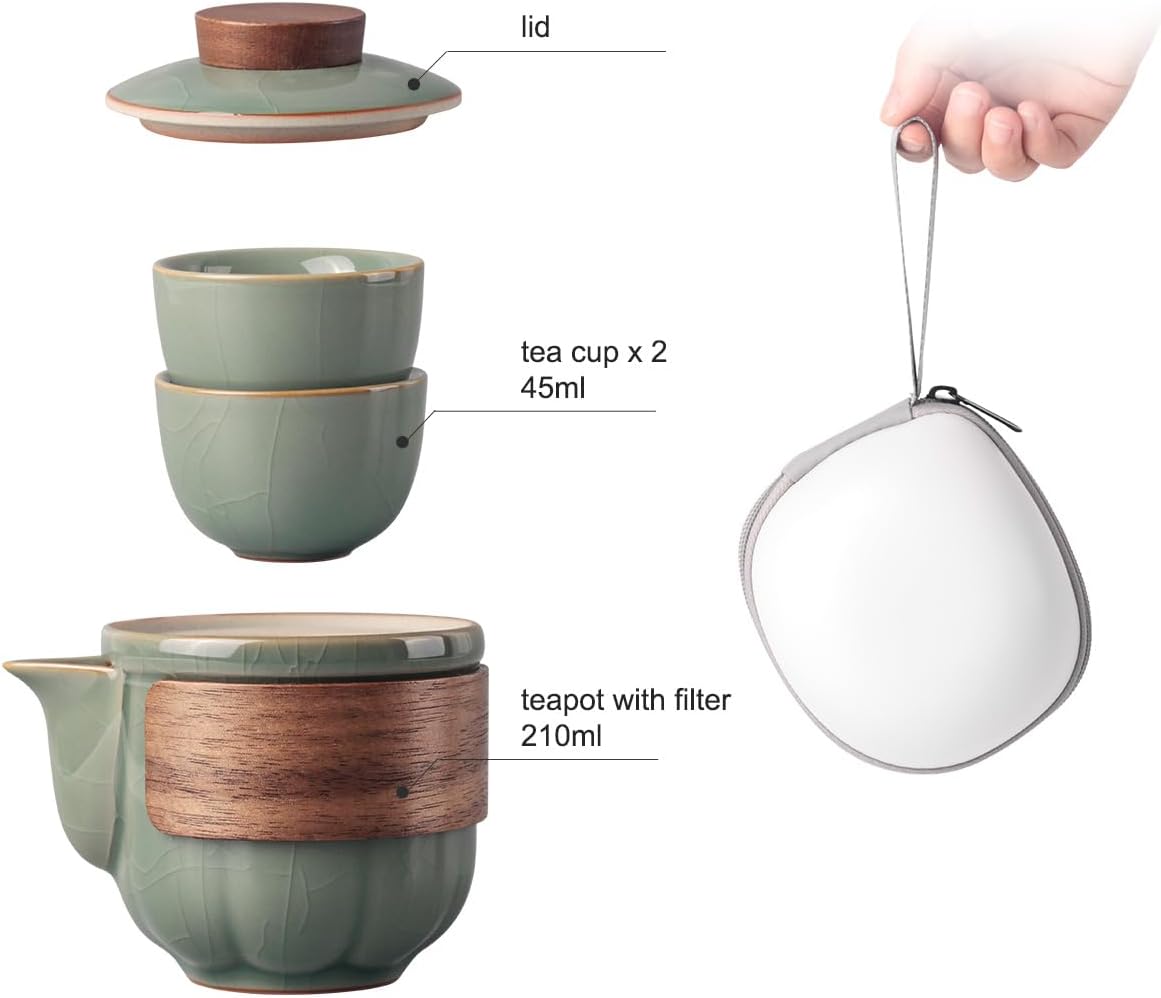 Portable Kungfu Teapot Tea Set, Ceramic Travel Tea for One Set, A Minimalist Look Tea Pot with 2 cup for Tea Lovers Home Hotel Office Outdoor Picnic (Green) - Image 4