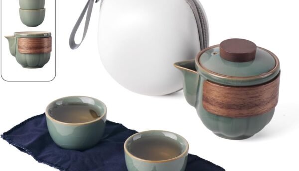 Portable Kungfu Teapot Tea Set, Ceramic Travel Tea for One Set, A Minimalist Look Tea Pot with 2 cup for Tea Lovers Home Hotel Office Outdoor Picnic (Green)