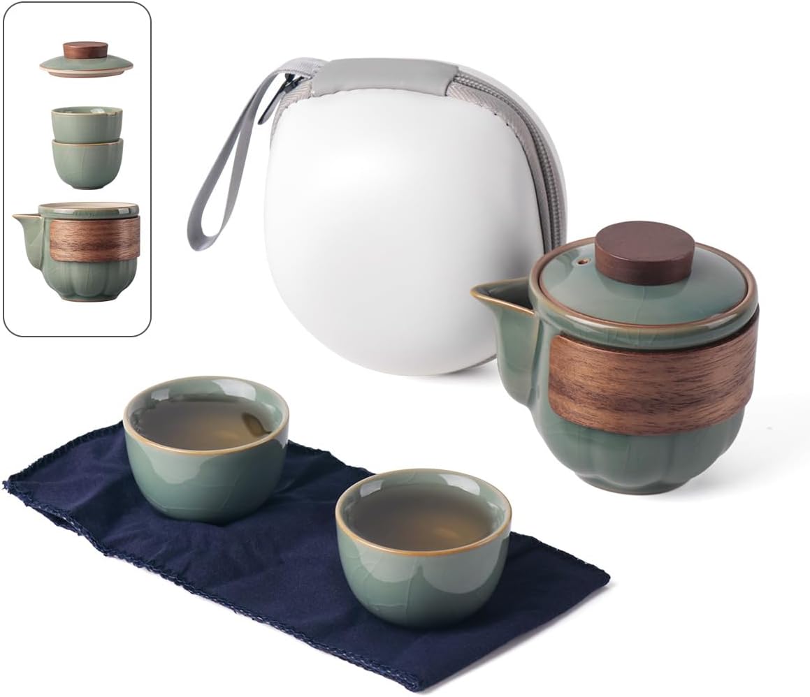 Portable Kungfu Teapot Tea Set, Ceramic Travel Tea for One Set, A Minimalist Look Tea Pot with 2 cup for Tea Lovers Home Hotel Office Outdoor Picnic (Green)