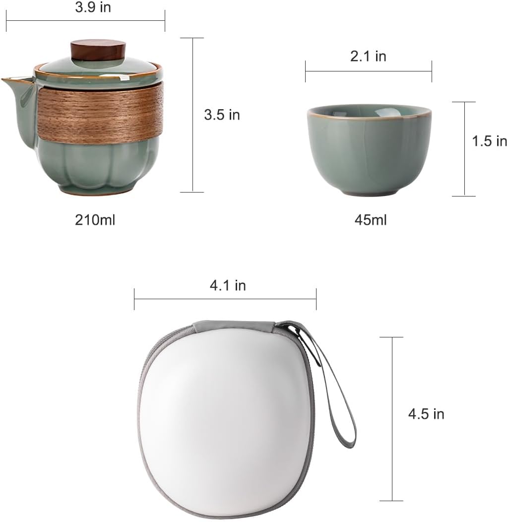 Portable Kungfu Teapot Tea Set, Ceramic Travel Tea for One Set, A Minimalist Look Tea Pot with 2 cup for Tea Lovers Home Hotel Office Outdoor Picnic (Green) - Image 3
