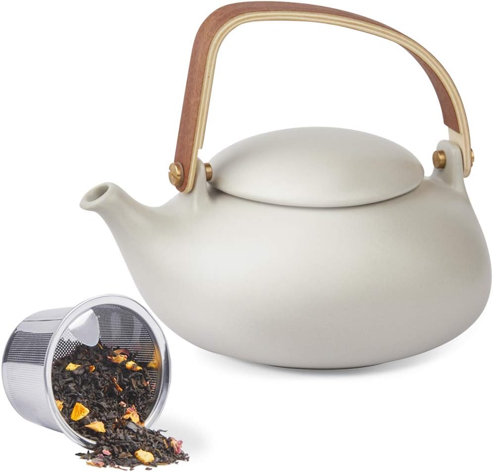 ZENS Modern Japanese Tea Set, 27 oz Ceramic Japanese Teapot with Fine Stainers and 4 Cups for Loose Leaf Tea Steeper, Wood Handle Matte Japanese Teapots Hot Tea Brewer for Tea Party Women Gifts - Image 7