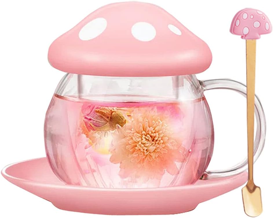Mushroom Tea Cup Set, Cute Glass Tea Cups and Saucers, Kawaii Tea Cup with Infuser for Loose Leaf Tea Steeper, Coffee Mug Christmas Gifts for Women, Tea Infuser Mug with Lid for Mother Girls (Orange) - Image 9