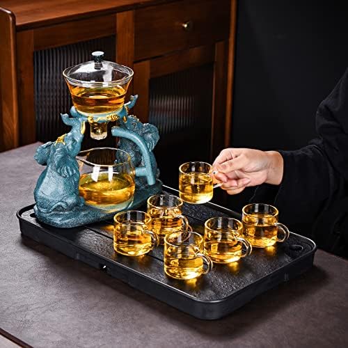 RORA Lazy Kungfu Glass Tea Set Semi Automatic Drip Rotating with Infuser Glass Teapot Set (Elephant Tea Set+6 cups) - Image 4