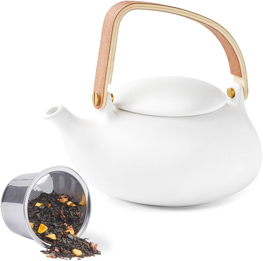 ZENS Modern Japanese Tea Set, 27 oz Ceramic Japanese Teapot with Fine Stainers and 4 Cups for Loose Leaf Tea Steeper, Wood Handle Matte Japanese Teapots Hot Tea Brewer for Tea Party Women Gifts - Image 8
