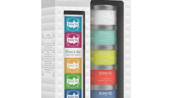 Kusmi Tea - Gift Set Alain Ducasse + Tea Infuser - Organic Tea - White Tea, Jade Pearls, Hojicha, Long Jing - Gift Ideas for Men and Women - Loose Leaves - 5 Tins of 0,9oz
