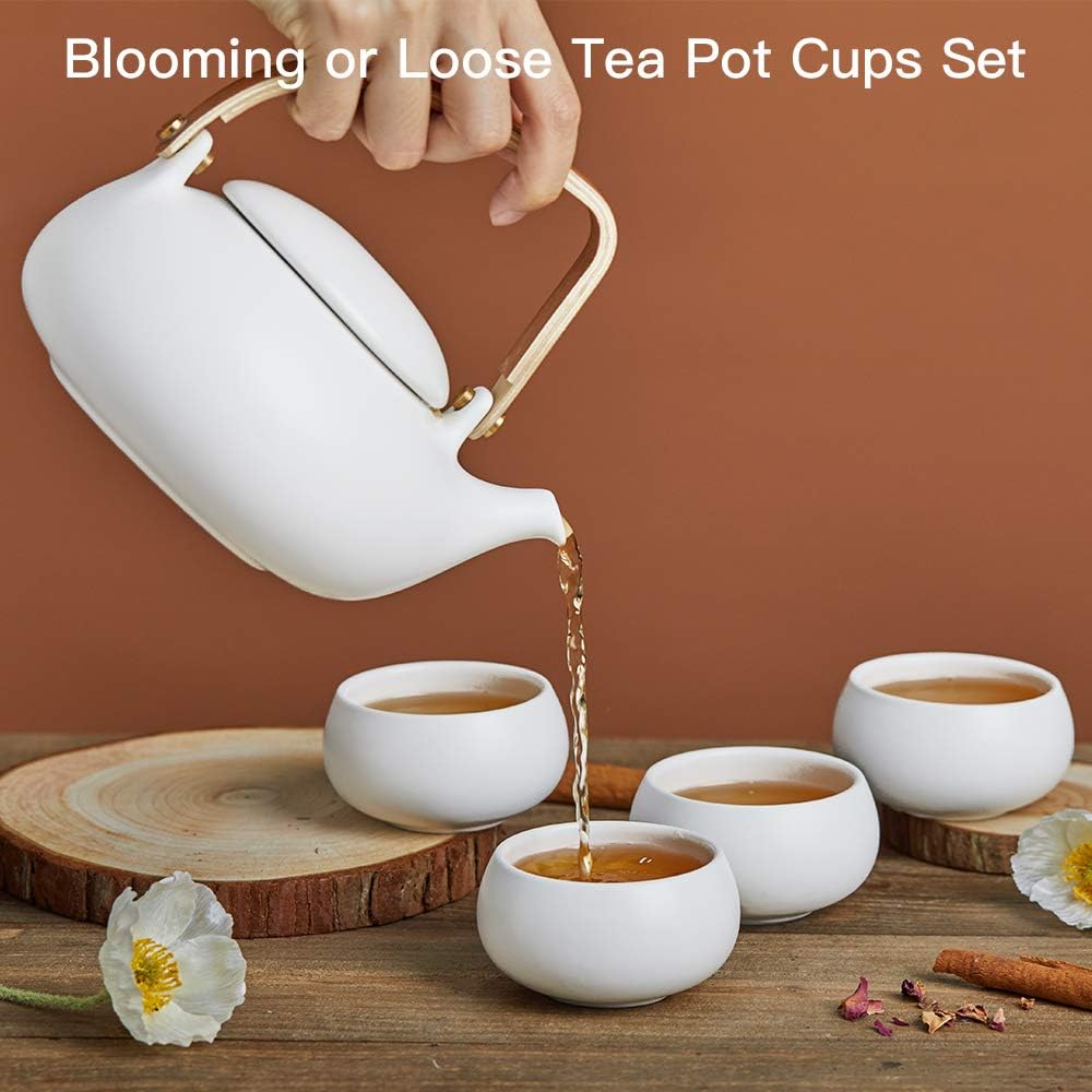 ZENS Modern Japanese Tea Set, 27 oz Ceramic Japanese Teapot with Fine Stainers and 4 Cups for Loose Leaf Tea Steeper, Wood Handle Matte Japanese Teapots Hot Tea Brewer for Tea Party Women Gifts - Image 2