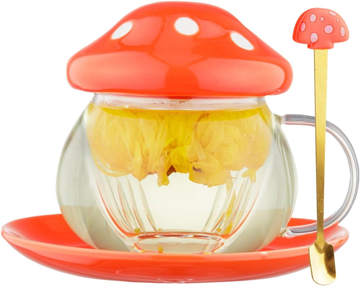 Mushroom Tea Cup Set, Cute Glass Tea Cups and Saucers, Kawaii Tea Cup with Infuser for Loose Leaf Tea Steeper, Coffee Mug Christmas Gifts for Women, Tea Infuser Mug with Lid for Mother Girls (Orange)