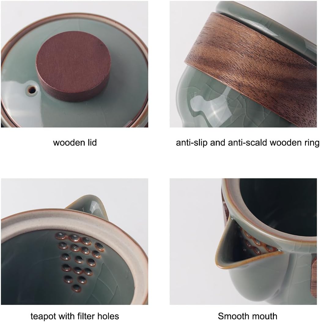 Portable Kungfu Teapot Tea Set, Ceramic Travel Tea for One Set, A Minimalist Look Tea Pot with 2 cup for Tea Lovers Home Hotel Office Outdoor Picnic (Green) - Image 6