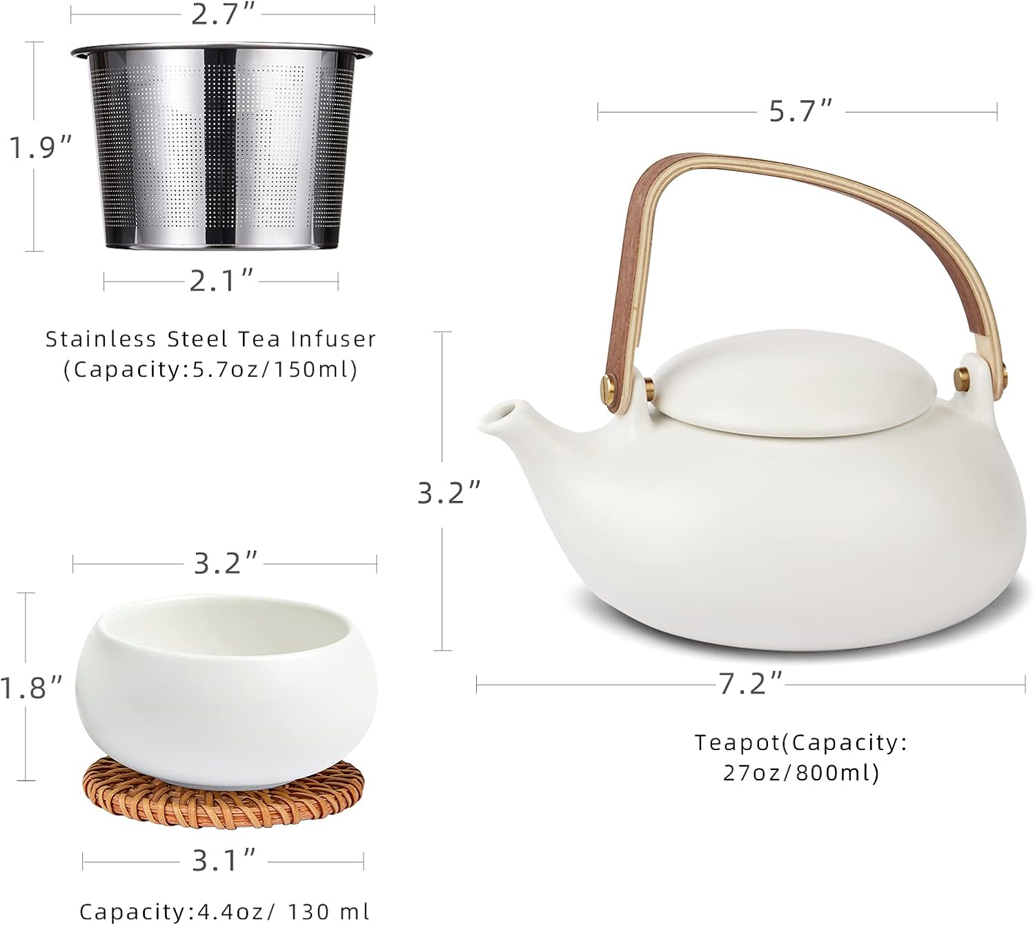 ZENS Modern Japanese Tea Set, 27 oz Ceramic Japanese Teapot with Fine Stainers and 4 Cups for Loose Leaf Tea Steeper, Wood Handle Matte Japanese Teapots Hot Tea Brewer for Tea Party Women Gifts - Image 3