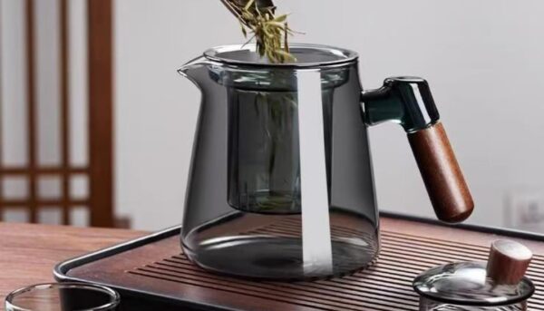 Alternative view of Borosilicate Glass Teapot Set with 6 Colorful Handle Teacups, Wooden Handle, Removable Infuser, Stovetop Safe for Loose Leaf Tea Brewing, 650ML/21.9oz