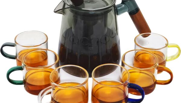 Borosilicate Glass Teapot Set with 6 Colorful Handle Teacups, Wooden Handle, Removable Infuser, Stovetop Safe for Loose Leaf Tea Brewing, 650ML/21.9oz