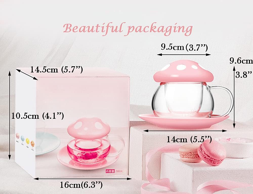 Mushroom Tea Cup Set, Cute Glass Tea Cups and Saucers, Kawaii Tea Cup with Infuser for Loose Leaf Tea Steeper, Coffee Mug Christmas Gifts for Women, Tea Infuser Mug with Lid for Mother Girls (Orange) - Image 3
