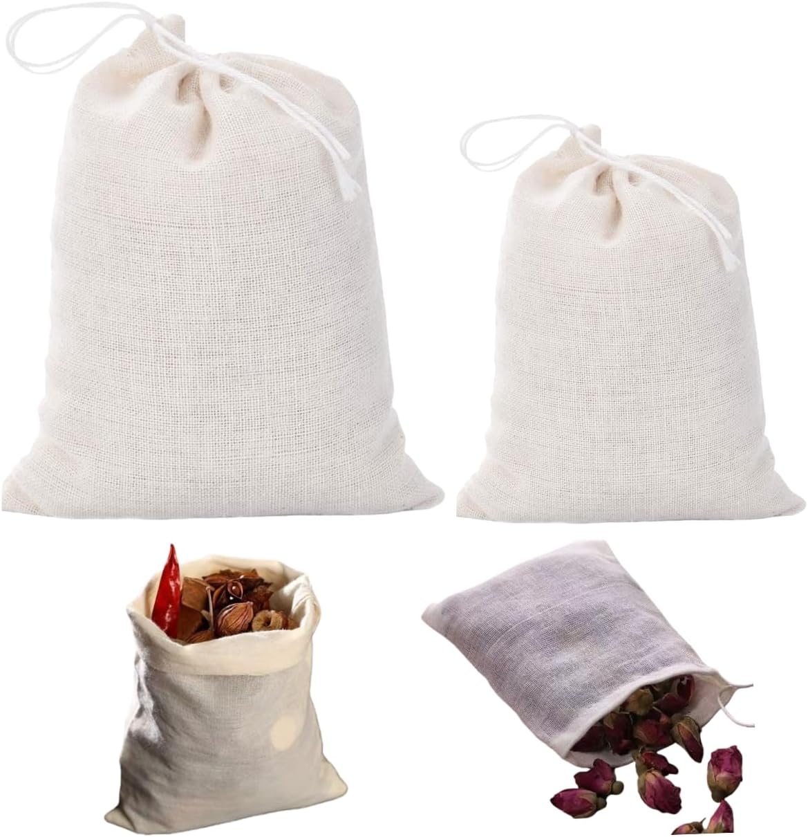[Natural Unbleached] 50-Pack Cotton Muslin Drawstring Bags,Reusable Tea Bags/Spice Bags/Filter Bags for Loose Leaf Tea, Cooking, Crafts - 2 Sizes (3"x4" & 4"x6") Eco-Friendly