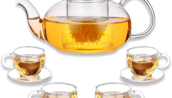 Glass Teapot Set with Removable Infuser, Atarvana 600ml Glass Tea Kettle with Loose Tea Infuser, 100ml Tea Cup & Saucer Set of 4, Elegant Blooming Tea Gift Set