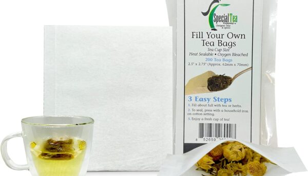200 Empty Tea Bags 2.5” x 2.75” White Compostable, These Heat Sealable Tea Infuser for Loose Tea Herbs are Disposable Tea Strainer Bags made of Wood (pulp) Fibers