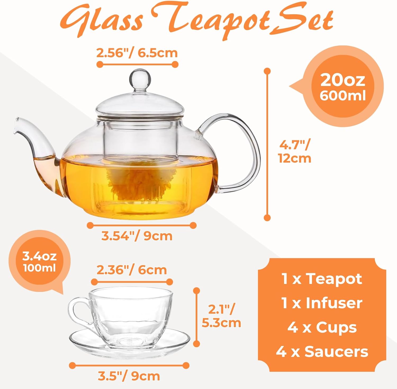 Glass Teapot Set with Removable Infuser, Atarvana 600ml Glass Tea Kettle with Loose Tea Infuser, 100ml Tea Cup & Saucer Set of 4, Elegant Blooming Tea Gift Set - Image 3