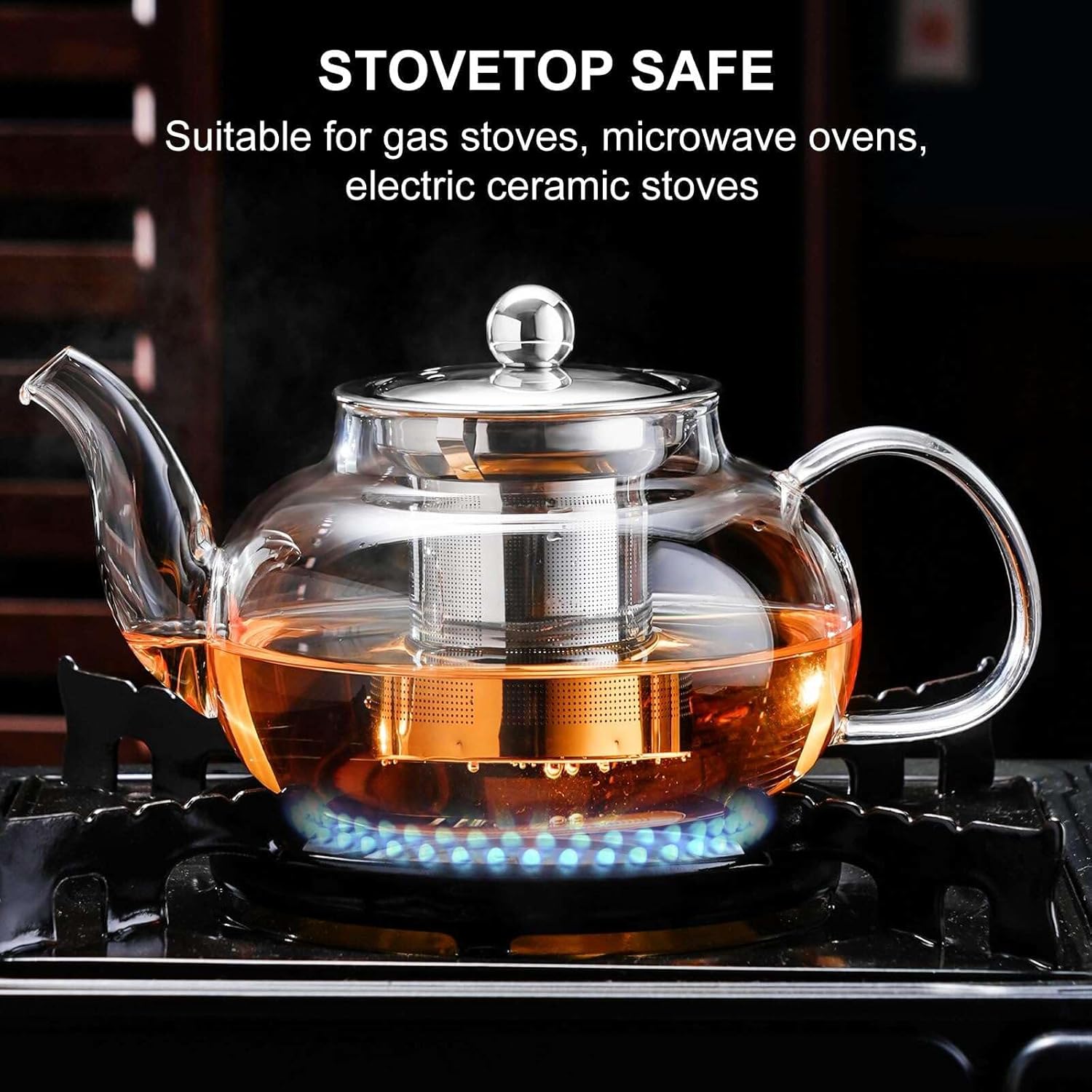 PARACITY Glass Teapot Stovetop 20 OZ/600ml, Tea pot with Removable 18/8 Stainless Steel Infuser, Borosilicate Clear Tea Kettle, Teapot Blooming and Loose Leaf Tea Maker Tea Brewer for Camping, Travel - Image 4
