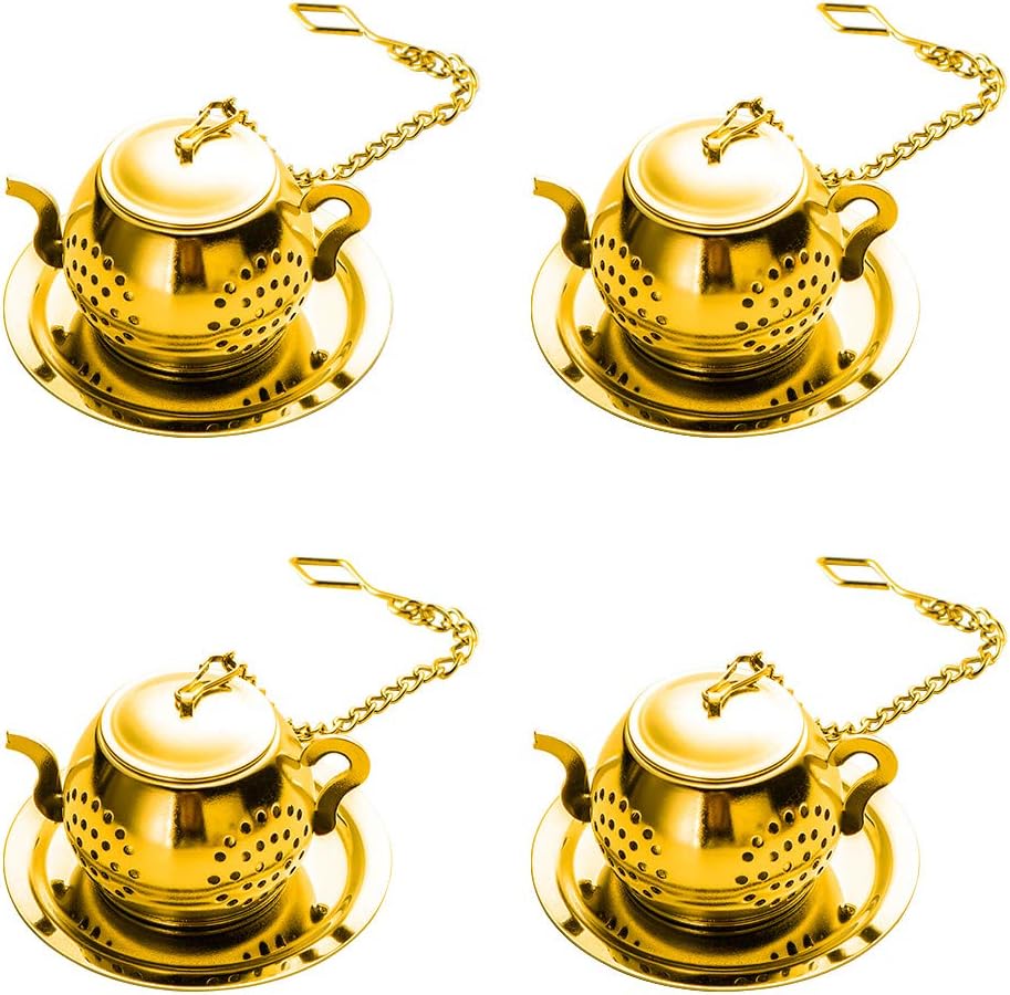 MEICHU Loose Leaf Tea Infuser Ball Set of 4 Stainless Steel Tea Strainer with Chain and Drip Trays, Tea Filter for Mug and Cup (Gold)