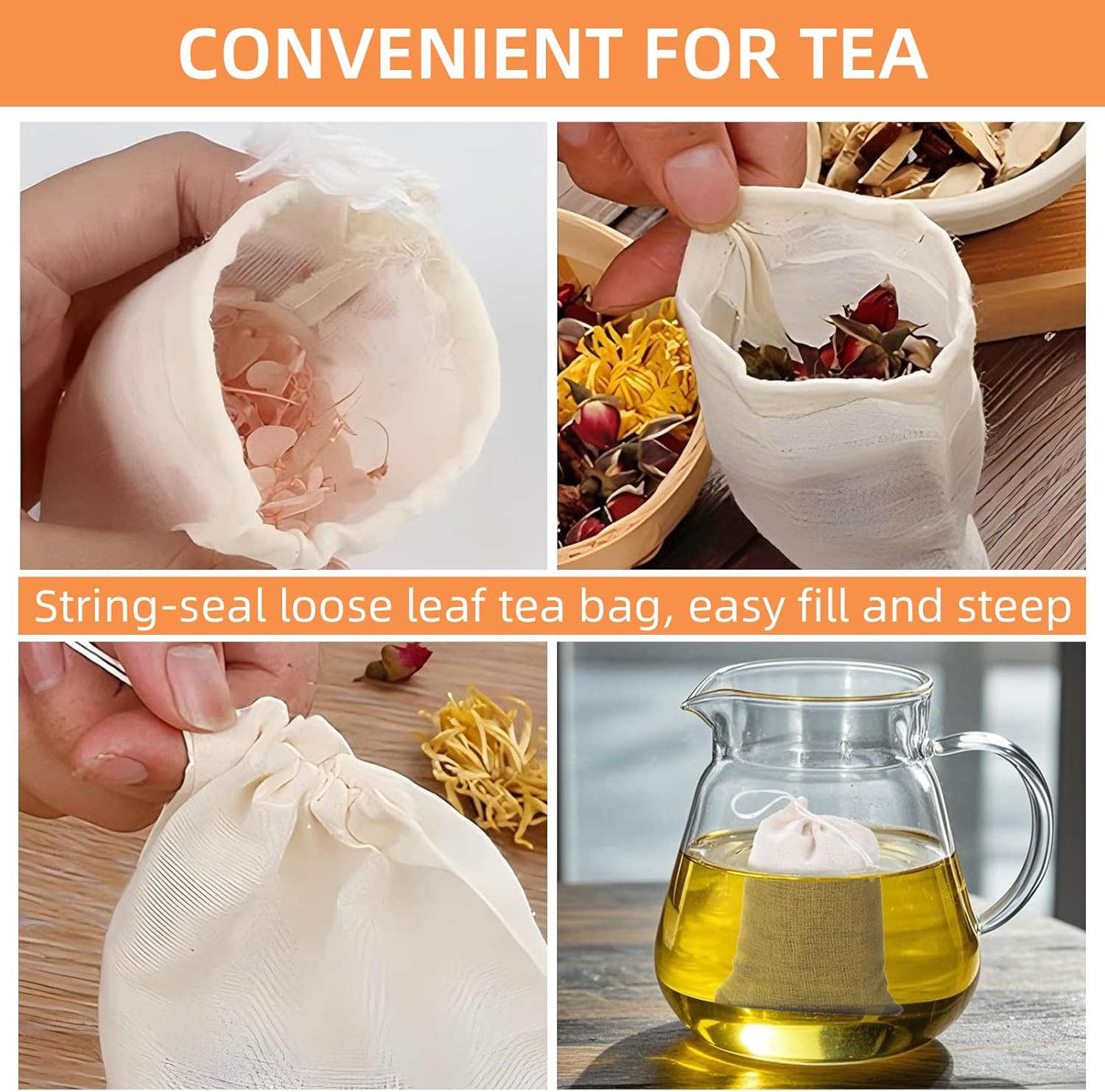 TamBee Cold Brew Bags Muslin Mesh Tea Sachets Empty Tea Bags for Loose Leaf Tea Reusable Tea Bags Coffee Filter Bags 4 x 6 Inch 25Pcs - Image 5