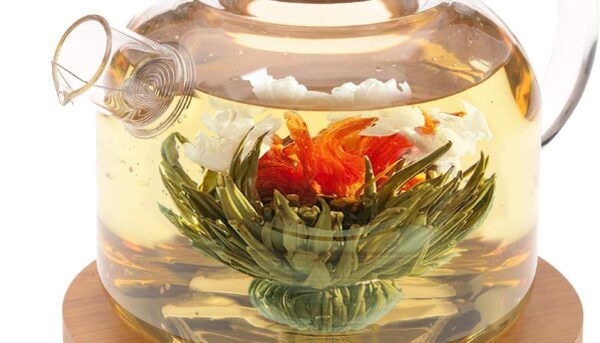 Teabloom Stovetop Safe Glass Teapot with Bamboo Lid (40oz/1200ml) + Loose Leaf Tea Filter Spout + 2 Blooming Teas + Large Bamboo Trivet - Natural Flowering Tea Gift Set