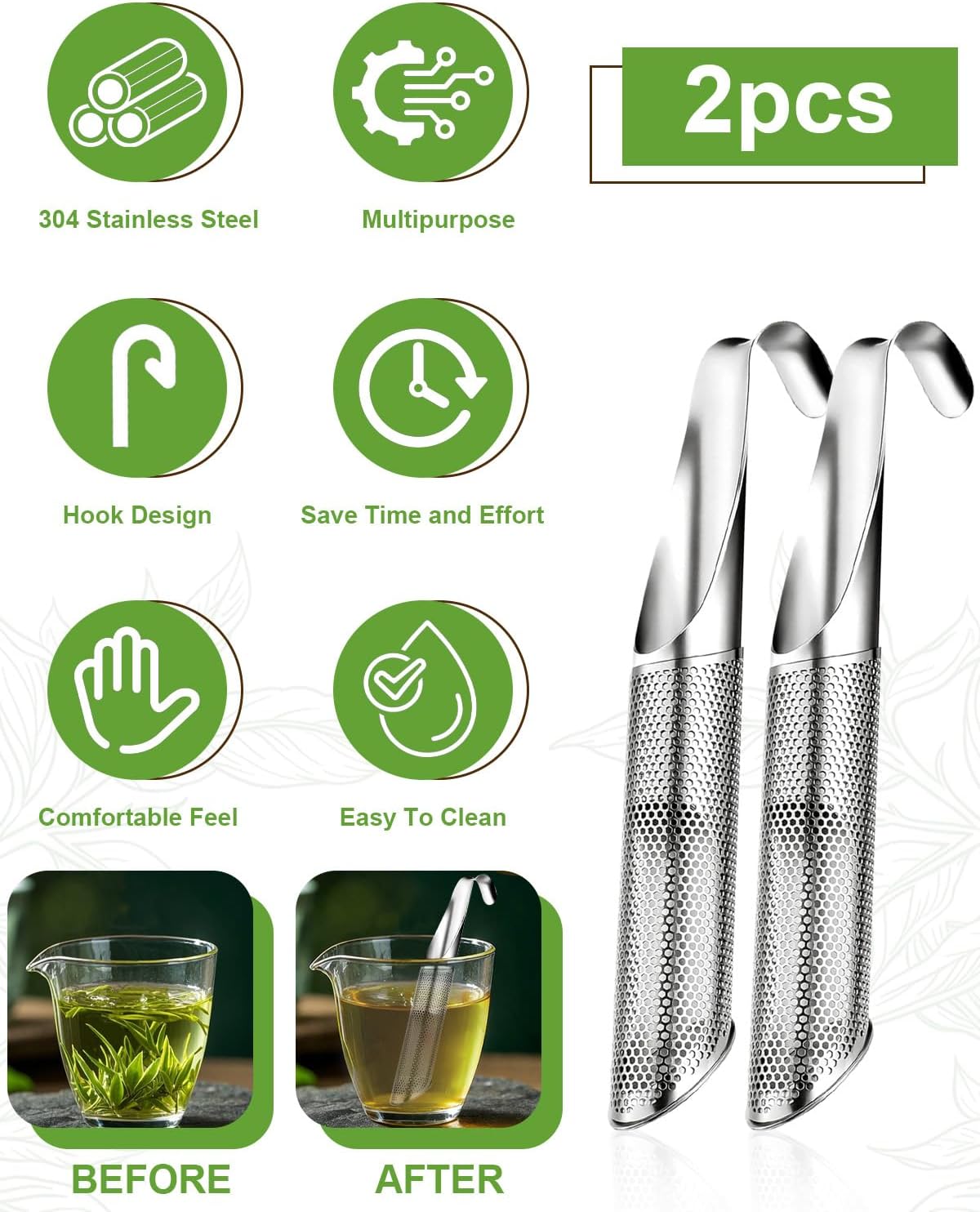 7 Pcs Reusable Stainless Steel Tea Infuser Set for Loose Tea(Complete Set) - 2 Pack Fine Mesh Tea Infuser with Tea Tray(Hook),Serving Tongs, Tea Spoon,Steel Wire Dishcloth,Cleaning Brush - Image 5