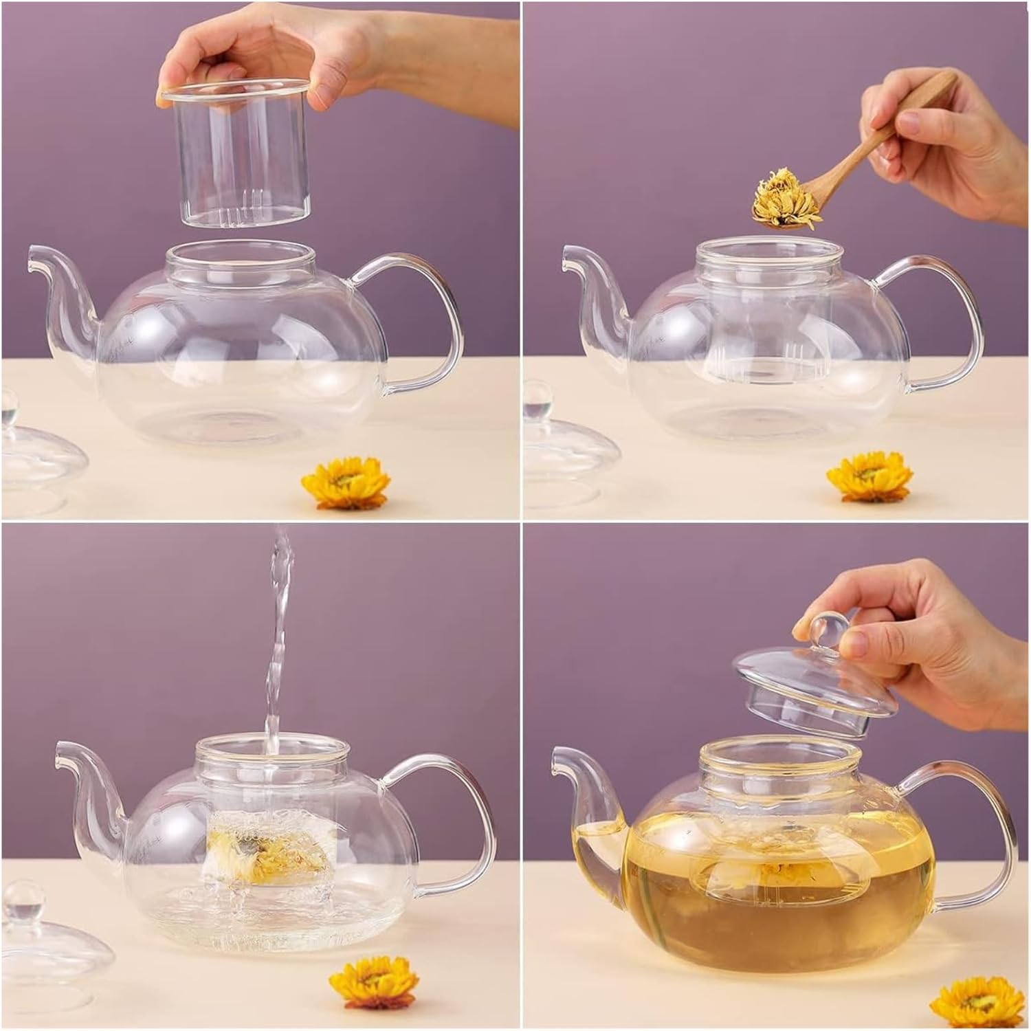 Glass Teapot Set with Removable Infuser, Atarvana 600ml Glass Tea Kettle with Loose Tea Infuser, 100ml Tea Cup & Saucer Set of 4, Elegant Blooming Tea Gift Set - Image 6