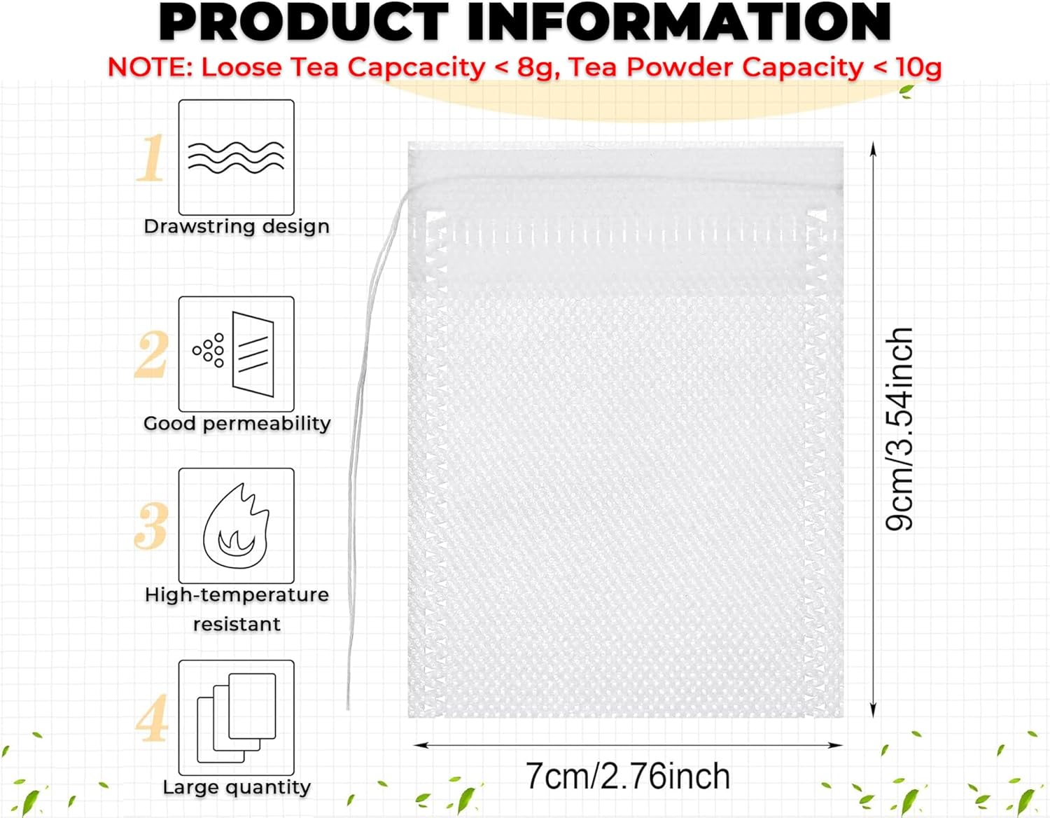 Tea Filter Bags, 100 Pack 3.54"W x 2.76"H Disposable Tea Bags with Drawstring for Brew Loose Leaf Tea Hot Tea Ice Tea Coffee Spice Herbs or Sachets Subpackage Storage - Image 2