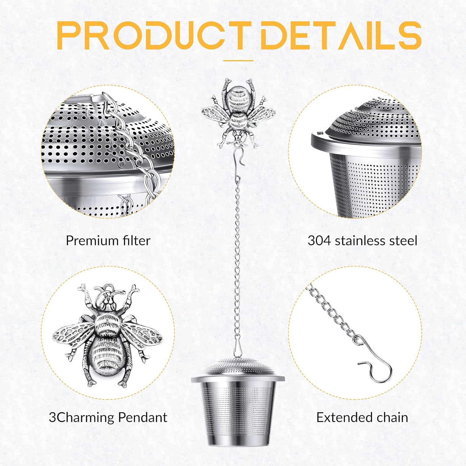 3 Sets Tea Infusers Steeper for Loose Leaf Tea Holder Stainless Steel Tea Ball Mesh Strainer Filters with Drip Trays and Pendant(Insects Style) - Image 4