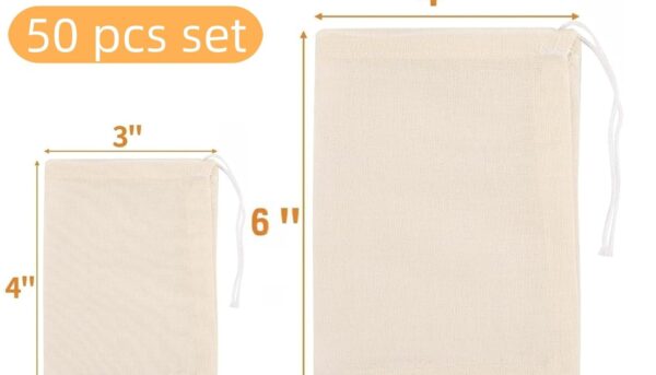Alternative view of [Natural Unbleached] 50-Pack Cotton Muslin Drawstring Bags,Reusable Tea Bags/Spice Bags/Filter Bags for Loose Leaf Tea, Cooking, Crafts - 2 Sizes (3"x4" & 4"x6") Eco-Friendly