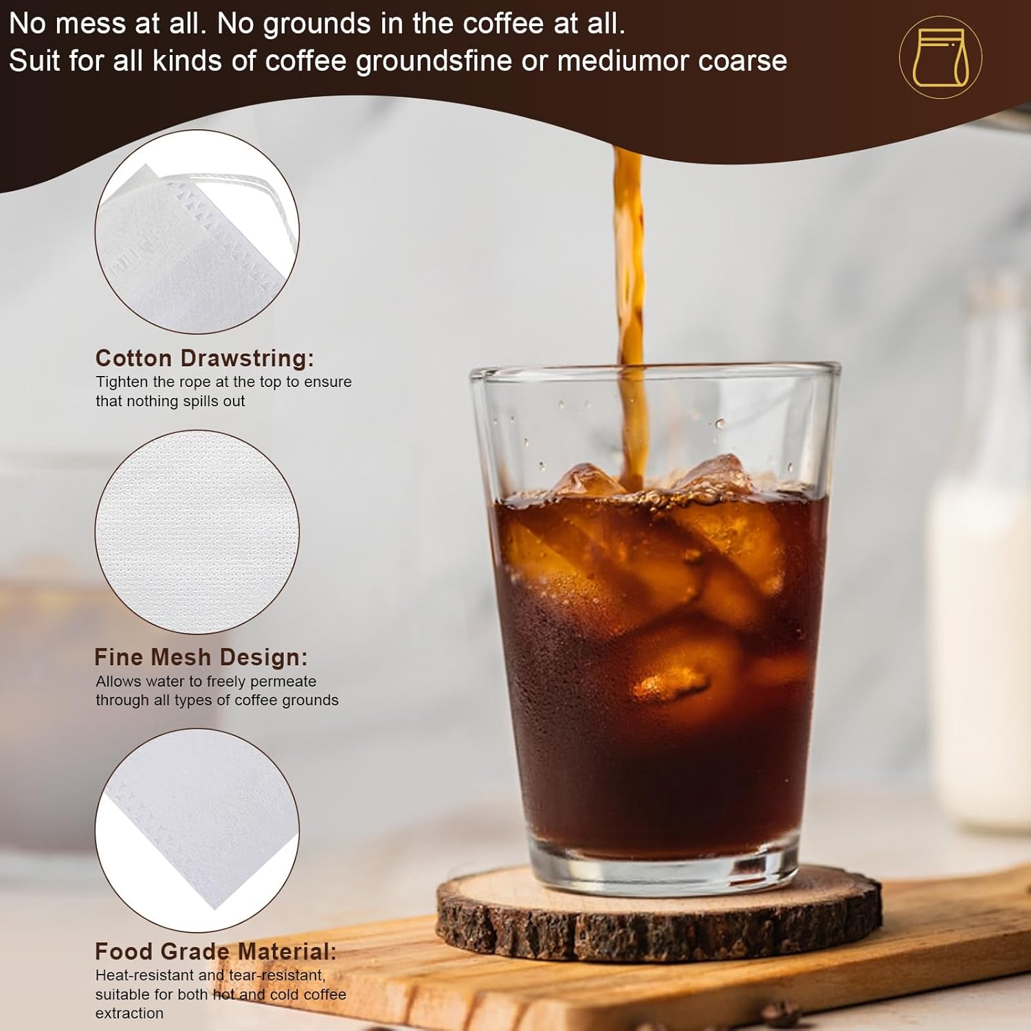 100Pcs Cold Brew Bags, 4x6 In Disposable Fine Mesh Cold Brew Filter, No Mess Cold Brew Coffee Bags with Drawstring for Loose Leaf Tea, Coffee, Herbs, Spice, Hot pot - Image 5