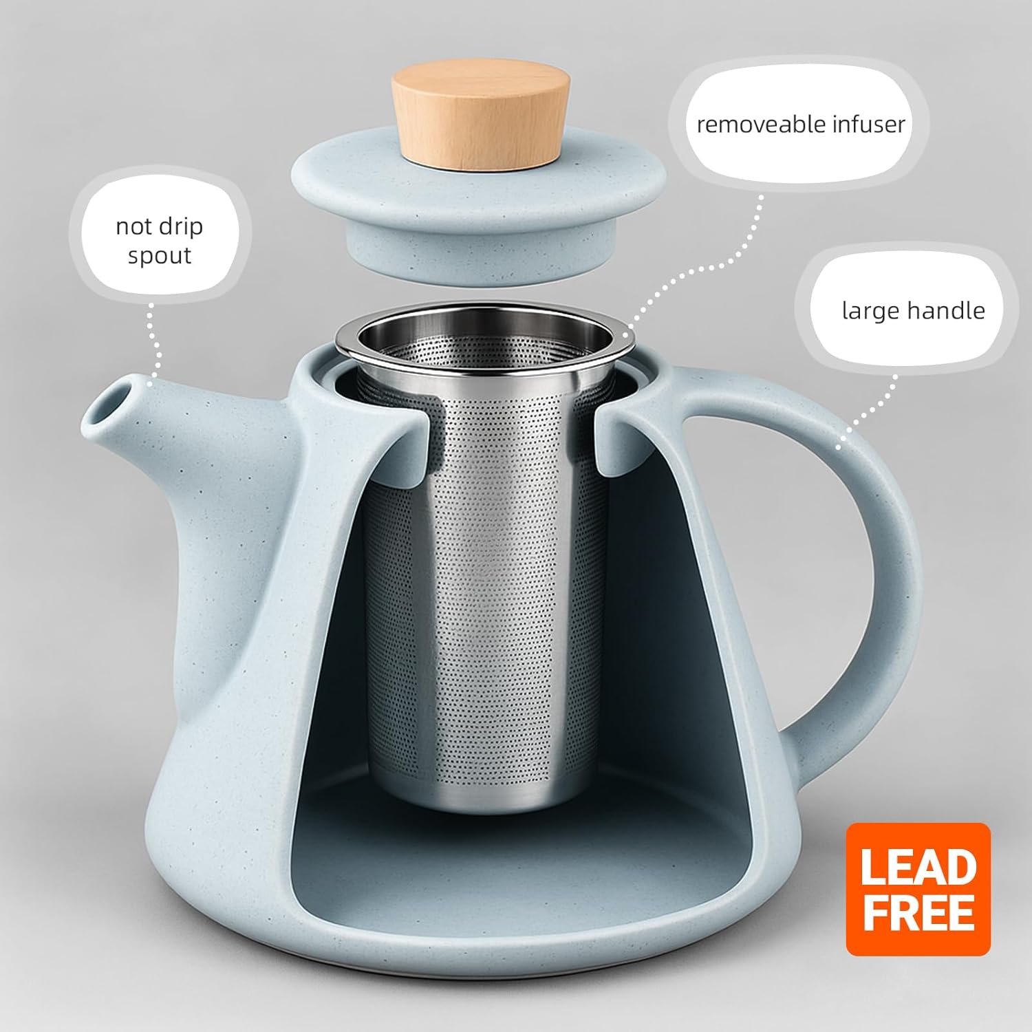 TETWIN Ceramic Teapot with Infuser, 25oz Blue Tea Pot with 8 Loose Leaf Tea Samplers Gift Set u2013 Small Teapot for Full Leave Tea, Elegant Nordic Design, Dishwasher Safe - Image 5