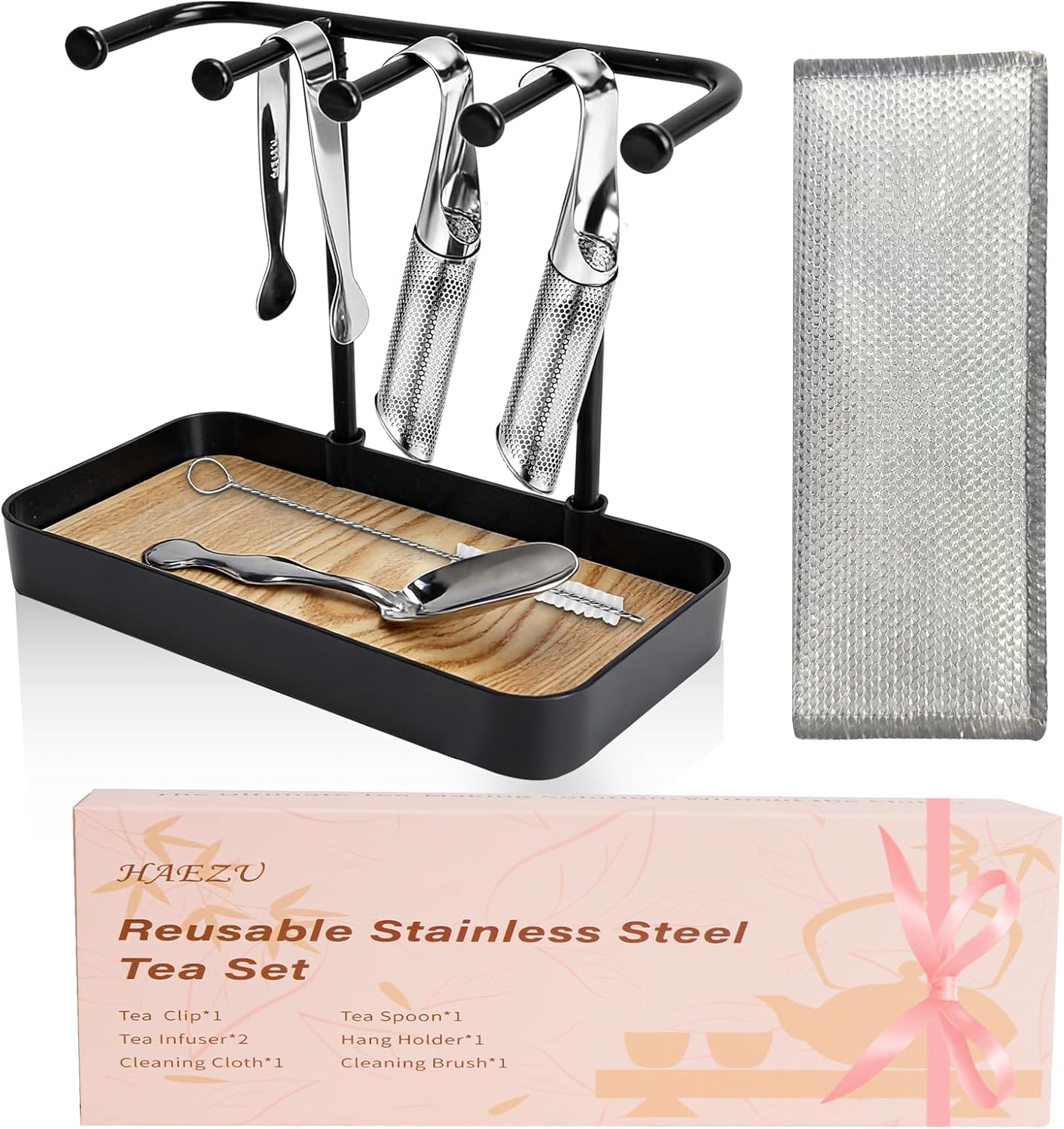 7 Pcs Reusable Stainless Steel Tea Infuser Set for Loose Tea(Complete Set） - 2 Pack Fine Mesh Tea Infuser with Tea Tray(Hook),Serving Tongs, Tea Spoon,Steel Wire Dishcloth,Cleaning Brush
