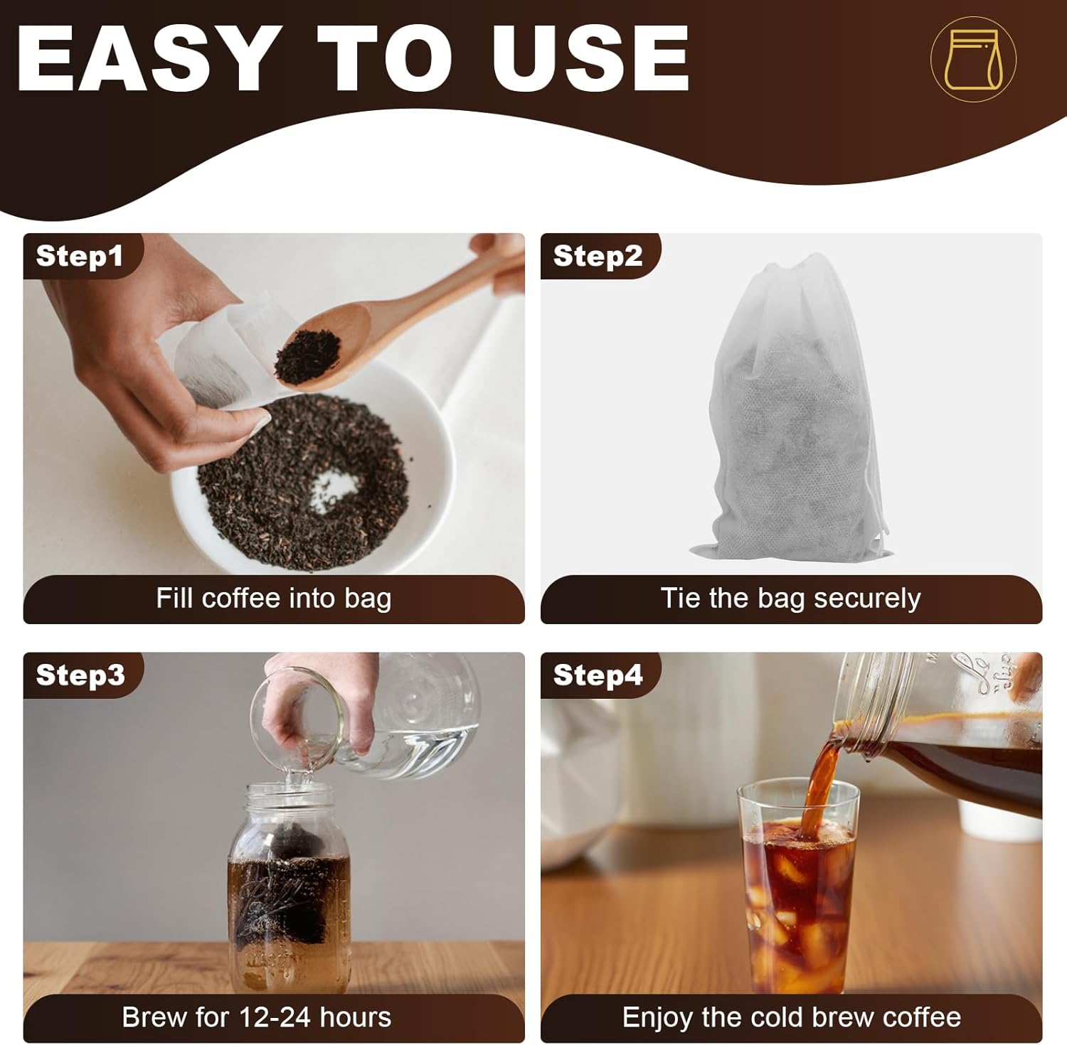 100Pcs Cold Brew Bags, 4x6 In Disposable Fine Mesh Cold Brew Filter, No Mess Cold Brew Coffee Bags with Drawstring for Loose Leaf Tea, Coffee, Herbs, Spice, Hot pot - Image 4