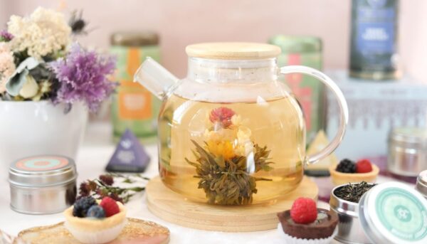 Alternative view of Teabloom Stovetop Safe Glass Teapot with Bamboo Lid (40oz/1200ml) + Loose Leaf Tea Filter Spout + 2 Blooming Teas + Large Bamboo Trivet - Natural Flowering Tea Gift Set