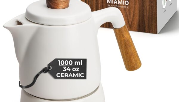 MIAMIO - Teapot Set with Warmer / 34 oz Tea Kettle with Infuser for Steeping Loose Tea Leaves - Gift for Women/Tea Lovers (White)