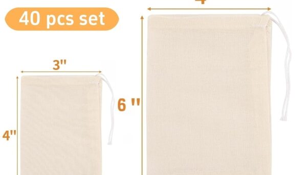 Alternative view of [40PCS Natural] Reusable Cotton Muslin Drawstring Bags – 20pcs 4x6" + 20pcs 3x4" Unbleached Tea Filter Bags for Loose Leaf Tea,Herbs,Spices,Soup,Cold Brew Coffee,DIY Sachets,Eco-Friendly & Washable