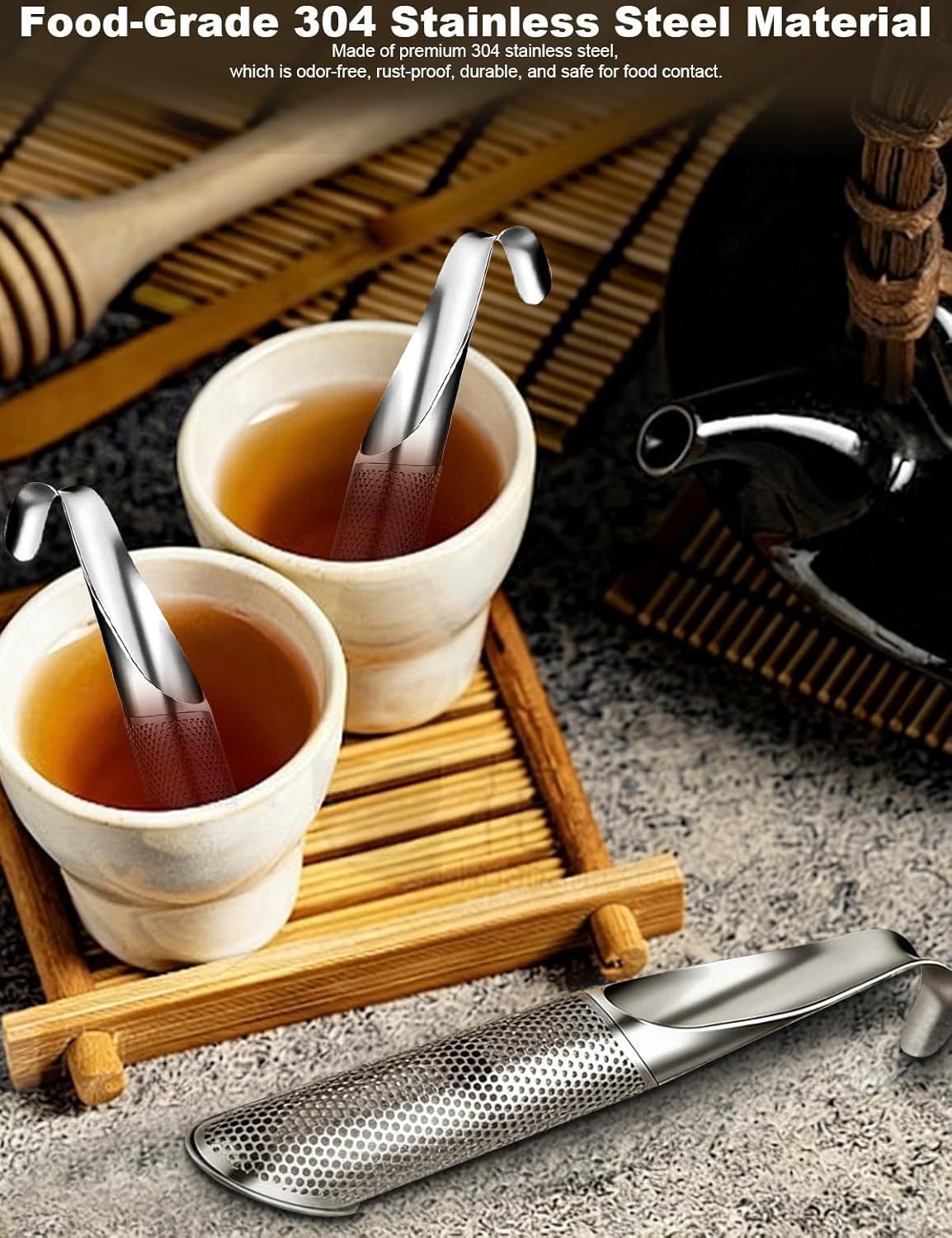 7 Pcs Reusable Stainless Steel Tea Infuser Set for Loose Tea(Complete Set) - 2 Pack Fine Mesh Tea Infuser with Tea Tray(Hook),Serving Tongs, Tea Spoon,Steel Wire Dishcloth,Cleaning Brush - Image 2