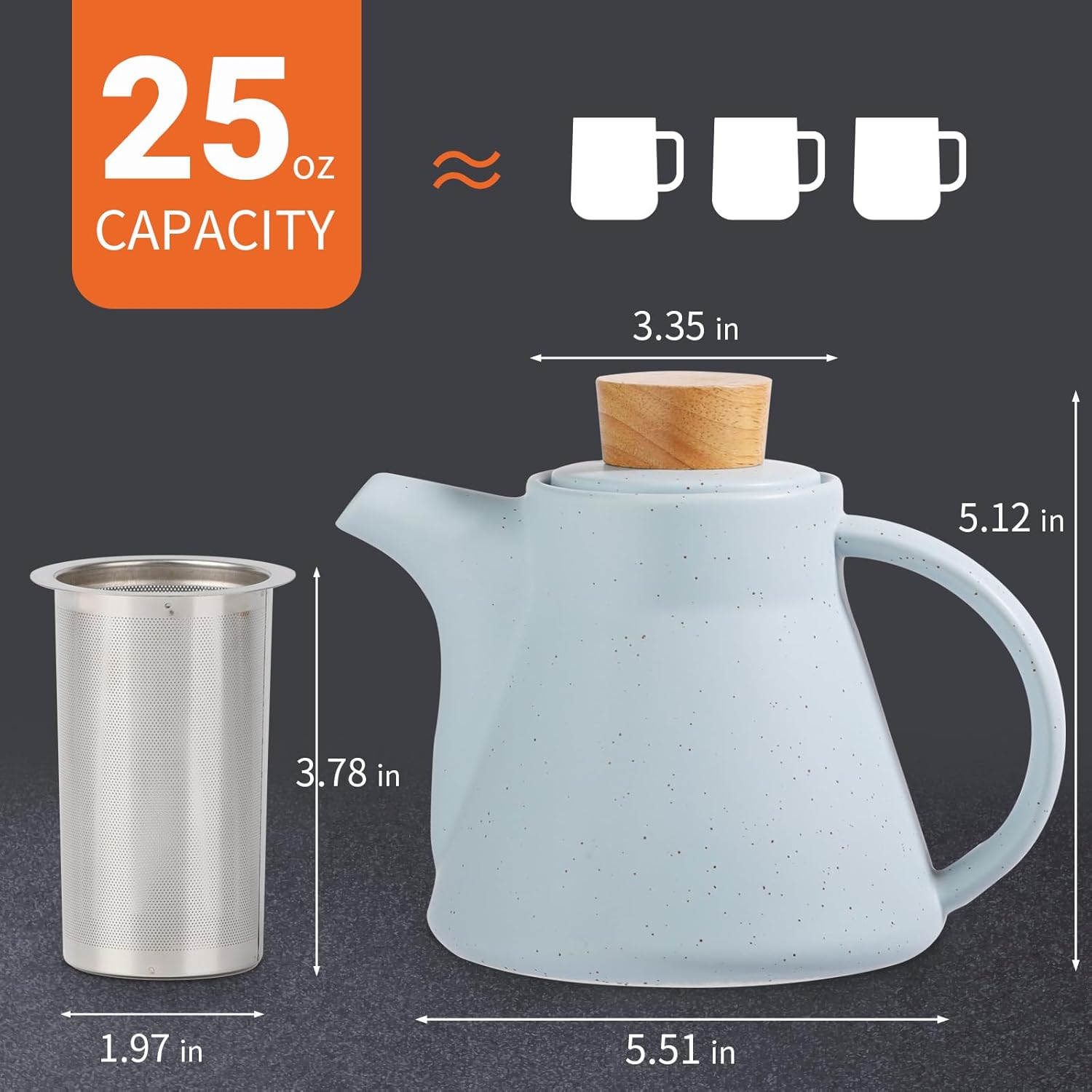 TETWIN Ceramic Teapot with Infuser, 25oz Blue Tea Pot with 8 Loose Leaf Tea Samplers Gift Set u2013 Small Teapot for Full Leave Tea, Elegant Nordic Design, Dishwasher Safe - Image 3