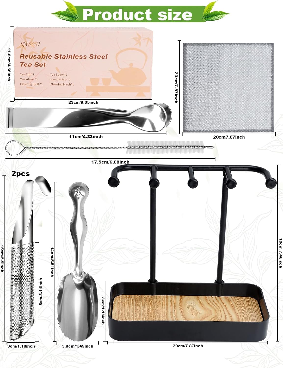 7 Pcs Reusable Stainless Steel Tea Infuser Set for Loose Tea(Complete Set) - 2 Pack Fine Mesh Tea Infuser with Tea Tray(Hook),Serving Tongs, Tea Spoon,Steel Wire Dishcloth,Cleaning Brush - Image 3