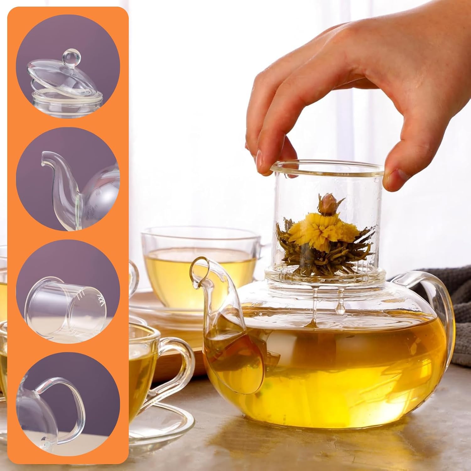 Glass Teapot Set with Removable Infuser, Atarvana 600ml Glass Tea Kettle with Loose Tea Infuser, 100ml Tea Cup & Saucer Set of 4, Elegant Blooming Tea Gift Set - Image 5