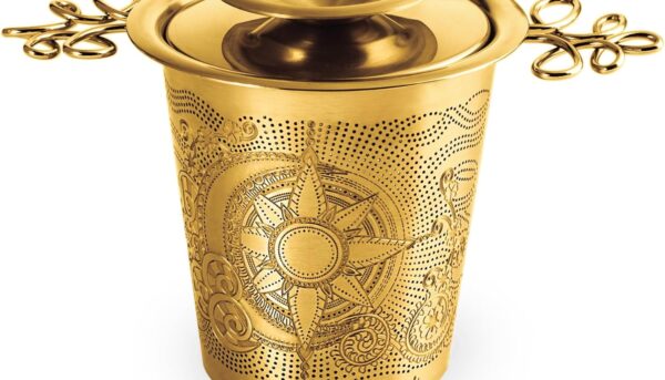 Luxury Tea Strainer Basket Gift Set - Gold Plated Infuser with Engraved Floral Motifs, Crystal Accent Chain for Loose Leaf Tea, Fine Mesh Filter & Ergonomic Handle