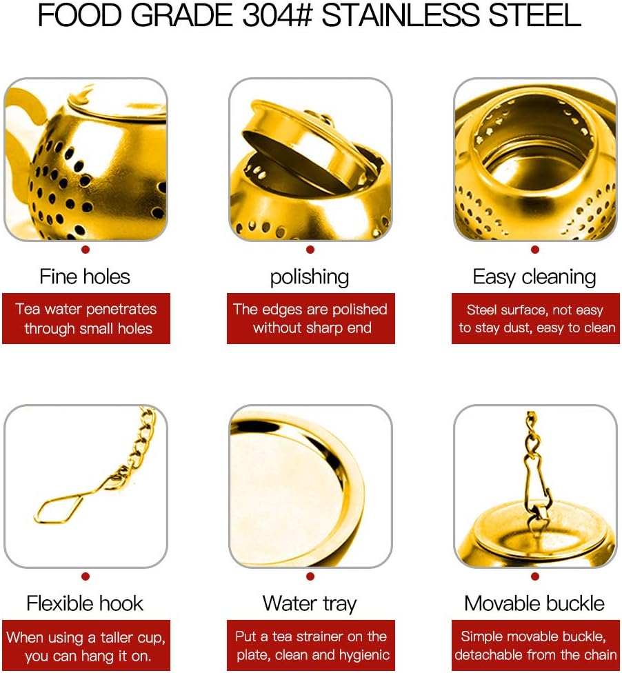 MEICHU Loose Leaf Tea Infuser Ball Set of 4 Stainless Steel Tea Strainer with Chain and Drip Trays, Tea Filter for Mug and Cup (Gold) - Image 6