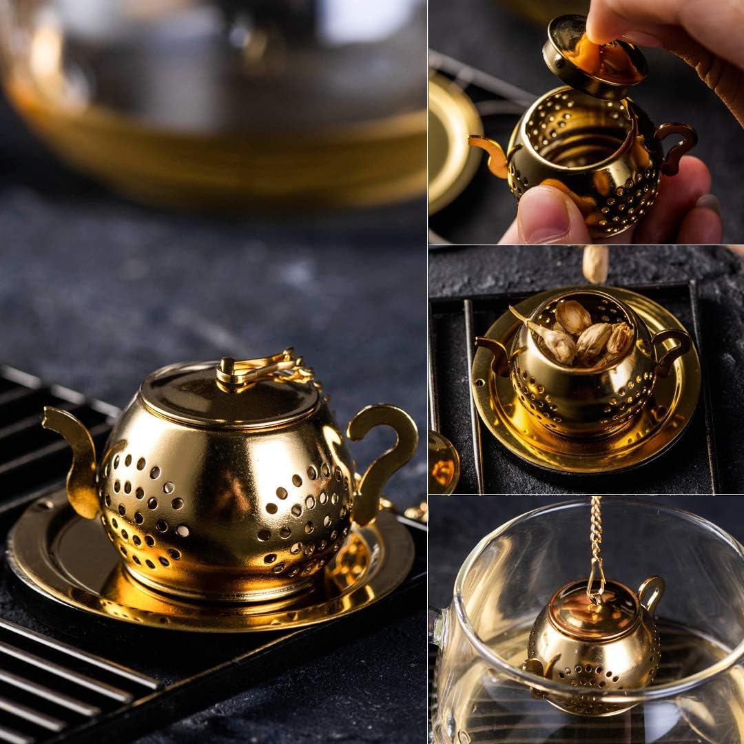 MEICHU Loose Leaf Tea Infuser Ball Set of 4 Stainless Steel Tea Strainer with Chain and Drip Trays, Tea Filter for Mug and Cup (Gold) - Image 3