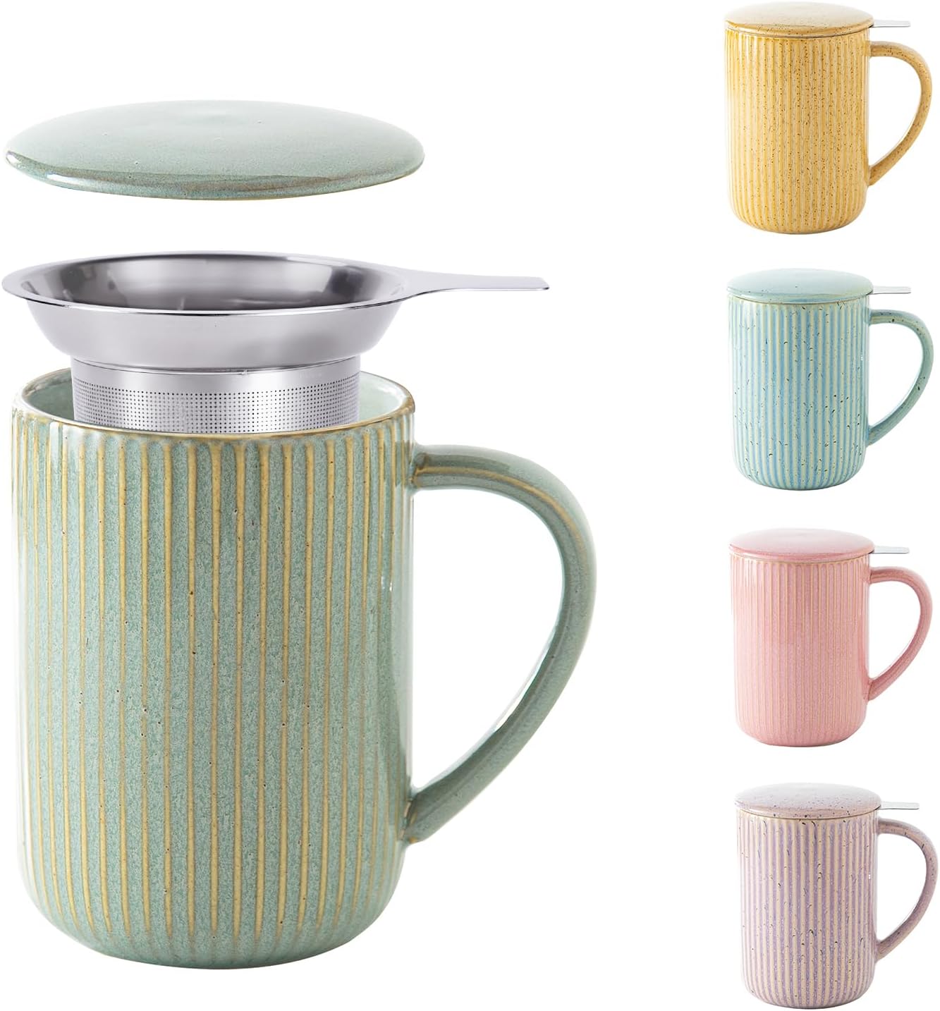 Yundu 15.5oz/470ml Flambe Green Ceramics Teacups with Infuser and Lid, Loose Leaf Tea Cup