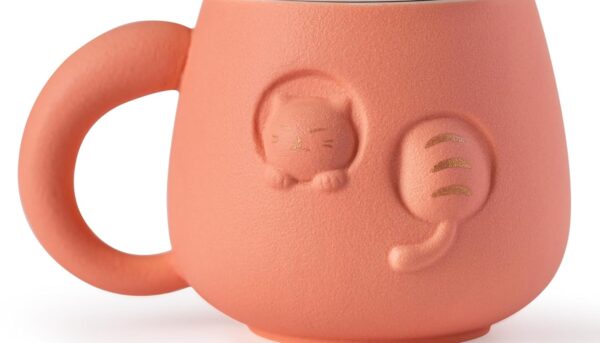 XIYUANJI Tea Cup with Infuser and Lid 14oz - Pink Ceramic Cat Mug with Wood Lid, Cute Loose Leaf Tea Set, Anniversary Birthday Gift for Women Cat Lovers