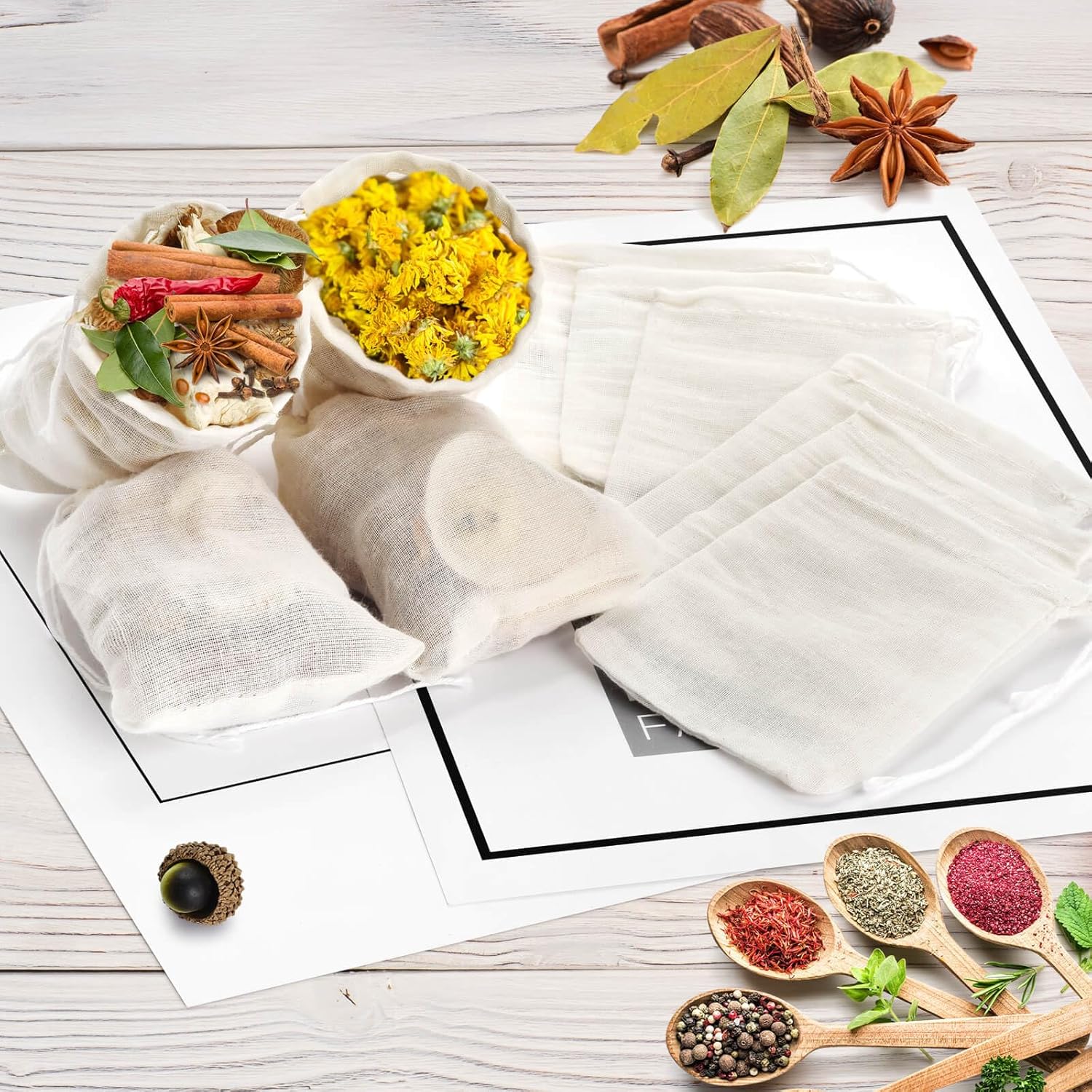 36PCS Drawstring Muslin Bags, 3x4In Reusable Empty Tea Bag for Loose Tea, Natural Cotton Unbleached Cheese Cloth Bag, Spice Bags for Filtering Cooking Soups/Herbs/Herbal Tea/Cold-Brewed Coffee - Image 2