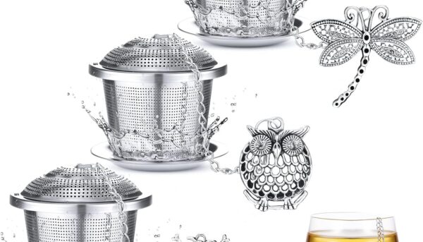 3 Sets Tea Infusers Steeper for Loose Leaf Tea Holder Stainless Steel Tea Ball Mesh Strainer Filters with Drip Trays and Pendant(Insects Style)