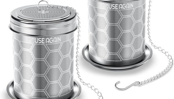 House Again 2 Pack Tea Strainers for Loose Tea, Extra Fine Mesh Tea Infuser, 304 Stainless Steel with Chain Hook, Loose Leaf Tea Steeper for Brew Tea Spices & Seasonings, Geometric Design